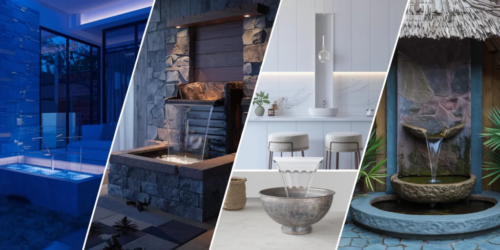 A collage of stylish indoor fountain designs, featuring modern, rustic, and minimalist styles in various home settings, including living rooms, kitchens, and outdoor patios.