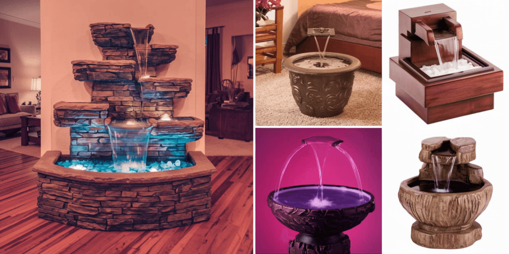 A collage of home waterfall indoor fountain designs, including a large stone wall fountain and various tabletop and floor fountains, enhancing indoor spaces with flowing water and ambient lighting.