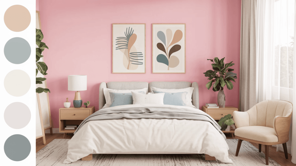 A cozy bedroom with a pink accent wall, neutral furniture, soft textiles, and a harmonious color palette of beige, gray, and muted blue tones.