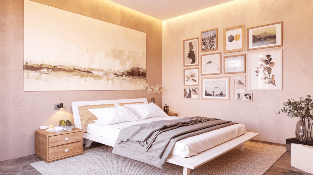 A stylish bedroom with warm lighting, earthy tones, a modern low-profile bed, and a gallery wall of framed artwork creating a cozy and elegant atmosphere.