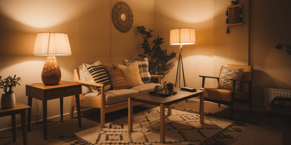 Small apartment living room decor ideas featuring a cozy, warmly lit space with soft ambient lighting from two table lamps and a tall floor lamp. The room includes a light wooden sofa and armchair with earthy-toned, patterned cushions, a minimalist coffee table, and a tribal-patterned rug. Decor elements like plants, wall art, and neutral tones create a relaxing and inviting atmosphere, perfect for maximizing comfort in compact living areas.