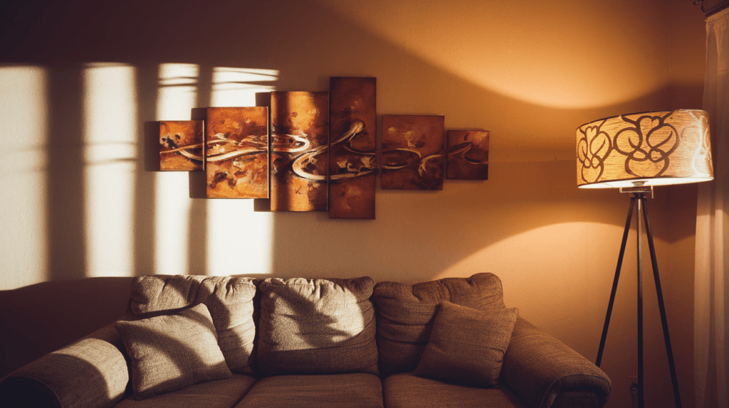 A cozy living room featuring a neutral-toned sofa, ambient lighting from a floor lamp, and a multi-panel Balinese-style wall art centerpiece.