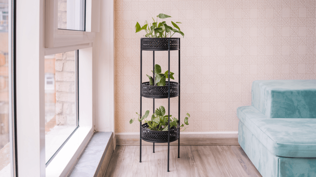 A bright and modern small apartment corner featuring a black three-tier metal plant stand with green leafy plants. Positioned near a large window, the plants receive ample natural light.