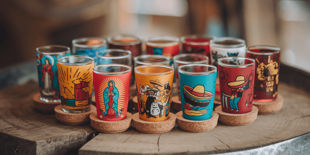 Mexican shot glasses on a tray on a timber table