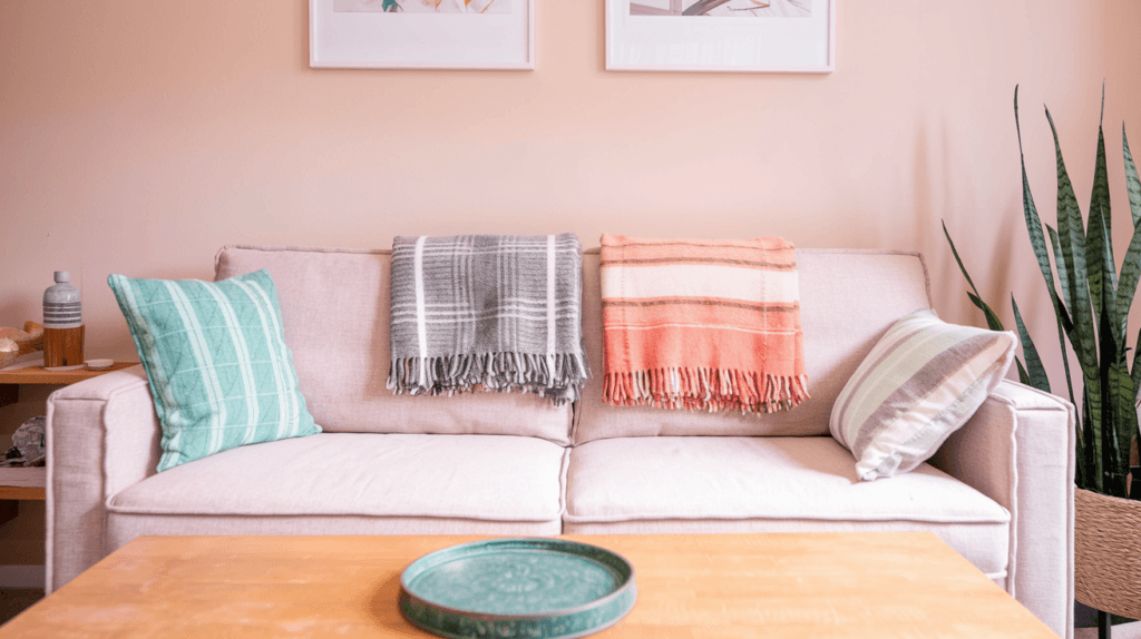 A cozy and stylish small apartment living room featuring a light beige sofa adorned with pastel-colored throw pillows and two decorative throw blankets in gray and peach tones.