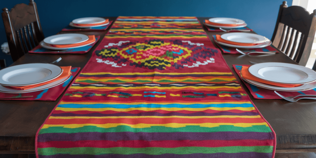 Mexican table runner with place settings on a table