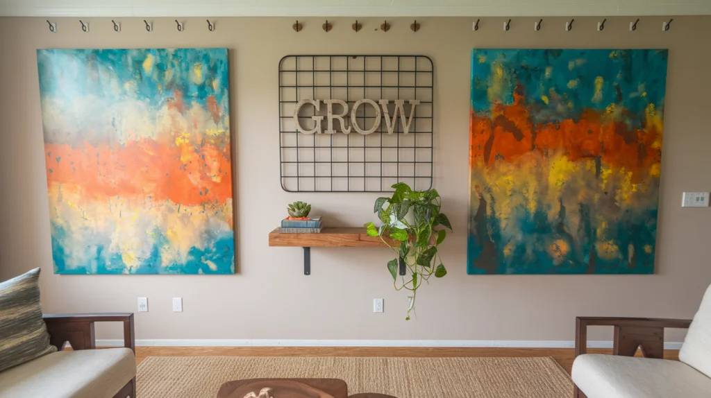 A bright, modern living room featuring two large abstract paintings, a wall grid with the word "GROW," a floating shelf with books and a plant, and minimalist wooden furniture.