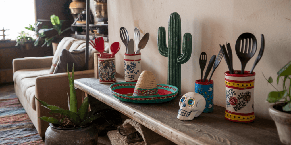 Living room shelf decorated with Mexican-themed kitchen utensils, a ceramic cactus, colorful containers, a sombrero, and a Day of the Dead skull, adding vibrant cultural charm to the space.