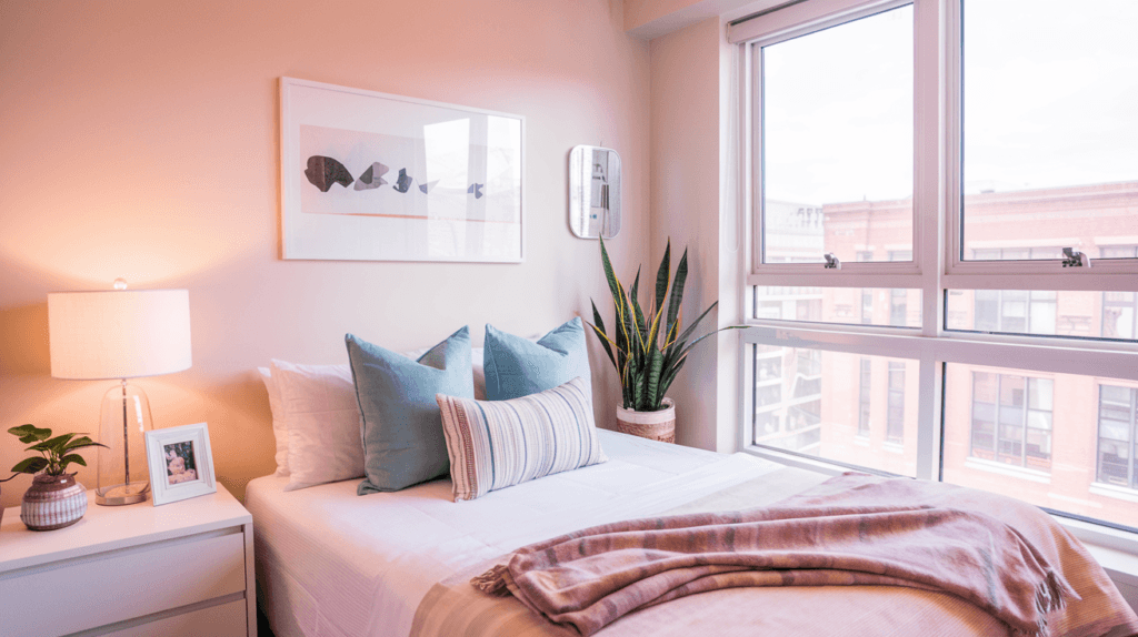 A bright and cozy apartment bedroom with a minimalist design, soft neutral tones, large windows, and decorative pillows on a neatly made bed.