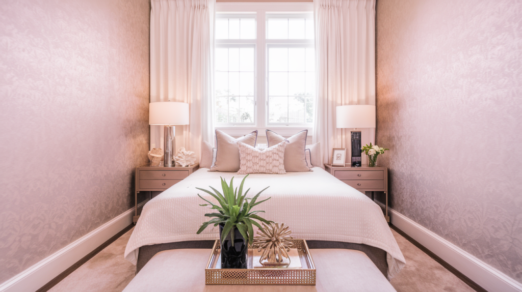 Small apartment bedroom decor ideas with soft neutral tones, a neatly made bed, stylish decor, and natural light streaming in through a large window.