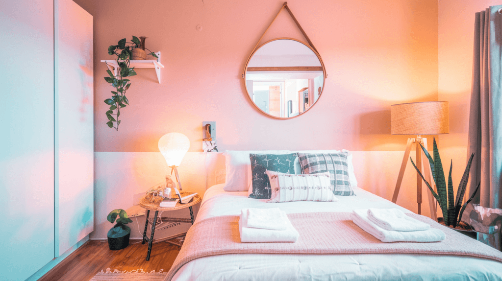 A cozy bedroom with warm lighting, a neatly made bed with decorative pillows, a round hanging mirror, and stylish boho-inspired decor.