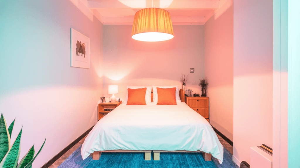 A modern bedroom with warm ambient lighting, a white bed with orange accent pillows, wooden furniture, and a cozy atmosphere. Small apartment bedroom decor ideas