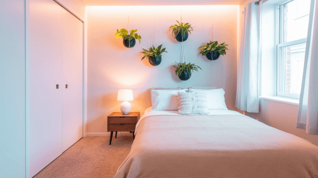 A modern and cozy bedroom with warm ambient lighting, a neatly made bed, a wooden nightstand, and hanging plants adding a natural touch to the decor.