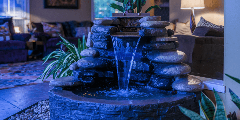 A beautifully lit home waterfall indoor fountain with stacked natural stones, flowing water, and lush greenery, creating a serene ambiance in a cozy living room.