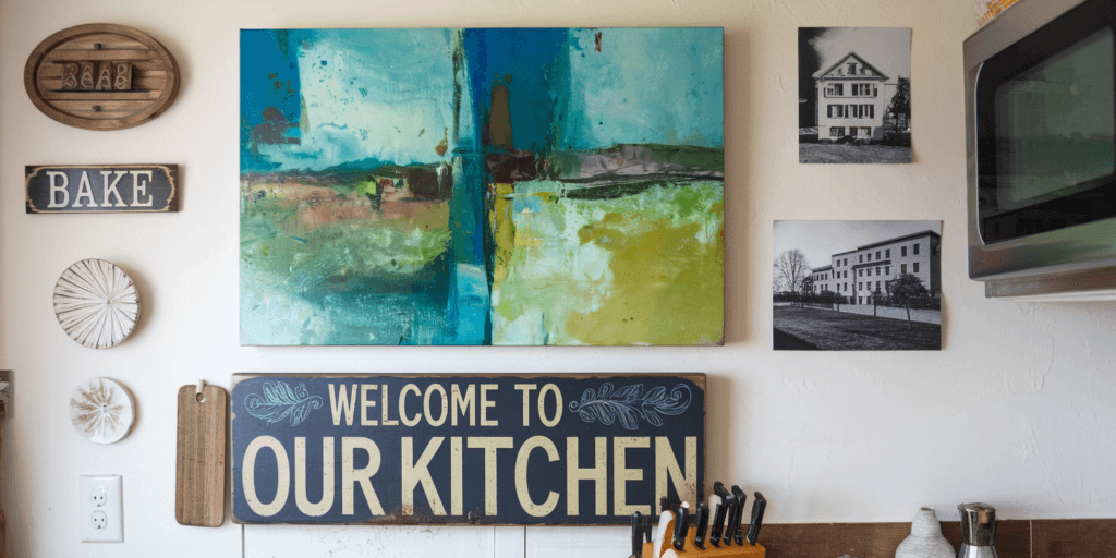 A cozy small kitchen wall decorated with colorful abstract art, farmhouse-style kitchen signs, black-and-white photos, and wooden cutting boards.