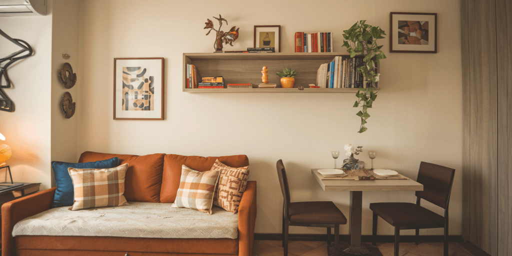 Small apartment living room decor ideas featuring a warm-toned, multi-functional space. A compact orange-brown sofa with patterned throw pillows sits against a cream wall adorned with modern art.