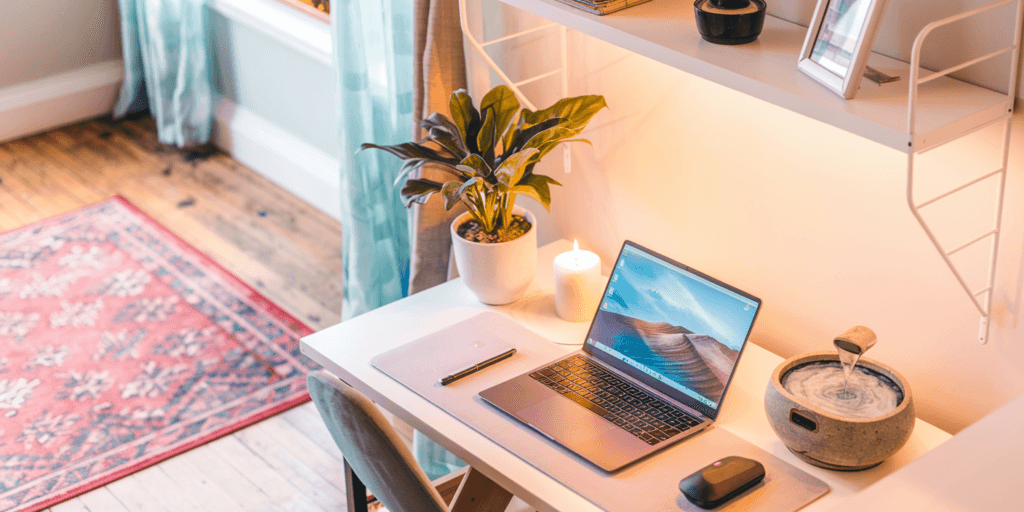 A cozy and well-designed home workspace featuring a white desk, laptop, notebook, and a small indoor fountain. The space is accented with a potted plant, candle, and warm ambient lighting. A colorful rug and sheer curtains add softness to the room, creating a peaceful and inviting atmosphere.