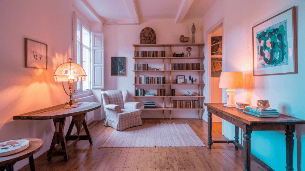 A cozy living room with warm lighting, wooden flooring, bookshelves, and a comfortable armchair near a window.