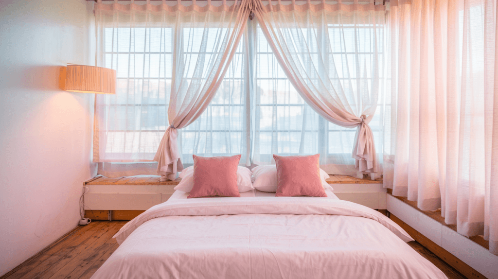 A serene and airy bedroom with sheer curtains framing large windows, soft pink accent pillows, and warm natural lighting creating a cozy ambiance.