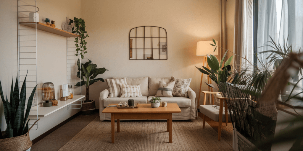 A cozy, well-lit small apartment living room with neutral tones. Features a beige sofa with throw pillows, wooden coffee table, floor lamp, indoor plants, and modern shelving on the left wall. A large window with sheer curtains lets in natural light, enhancing the warm and airy ambiance.