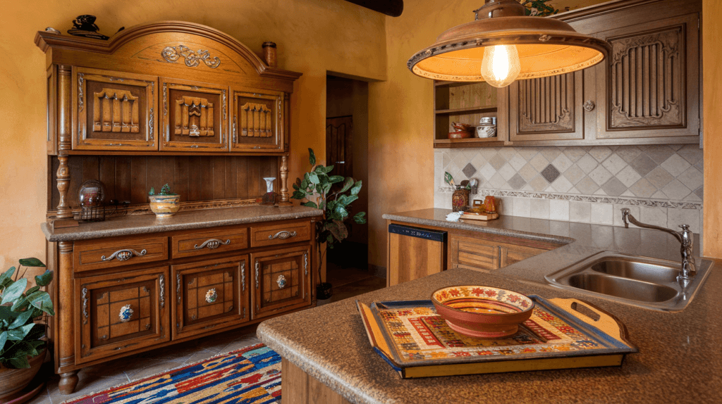 A kitchen with a Mexican decor style. There's a
wooden cabinet with ornate designs, a granite countertop, and a ceramic sink. A vintage light fixture hangs over the sink. A colorful rug is placed on the floor. A wooden tray with a bowl and a spoon is placed on the counter. A potted plant is placed near the cabinet. The walls are painted in a warm orange hue.