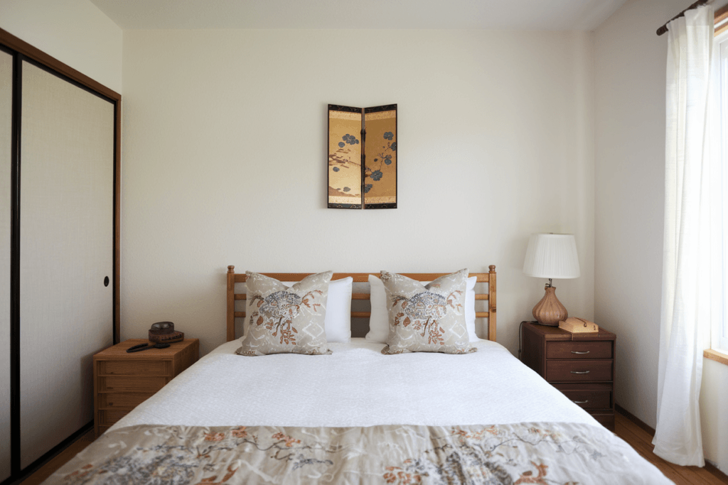 A photo of a bedroom in a simple American home with
small Japanese home decor elements.