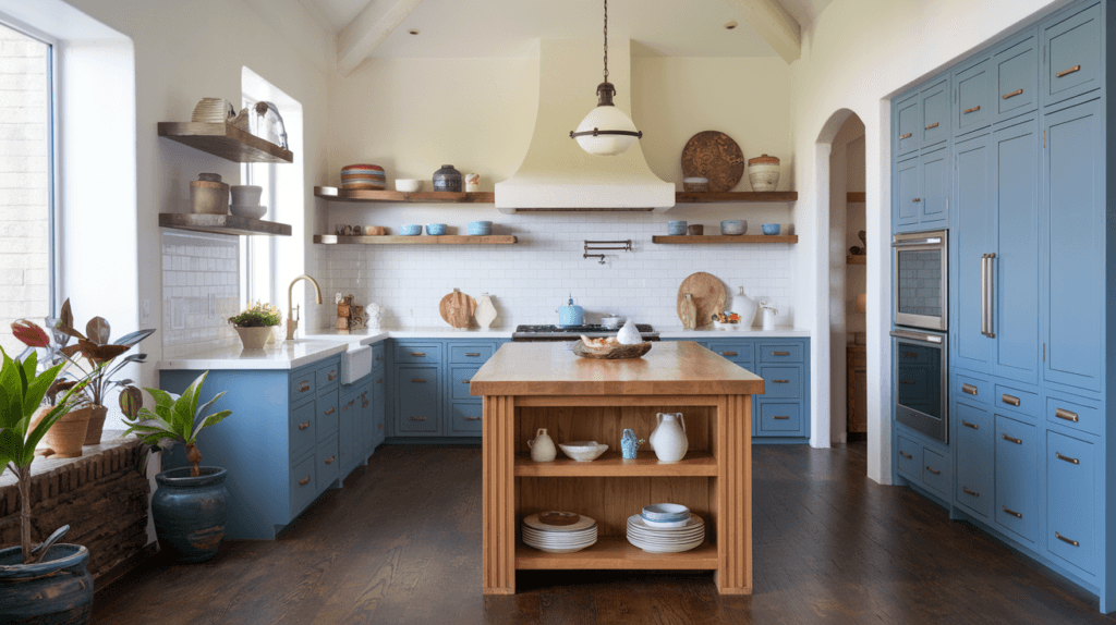 A photo of a Mexican decor kitchen. The kitchen has a wooden island in the center with a white countertop. There are blue cabinets on one side and white cabinets on the other side. The floor is made of dark wood. There are potted plants near the window. A light fixture hangs over the island.