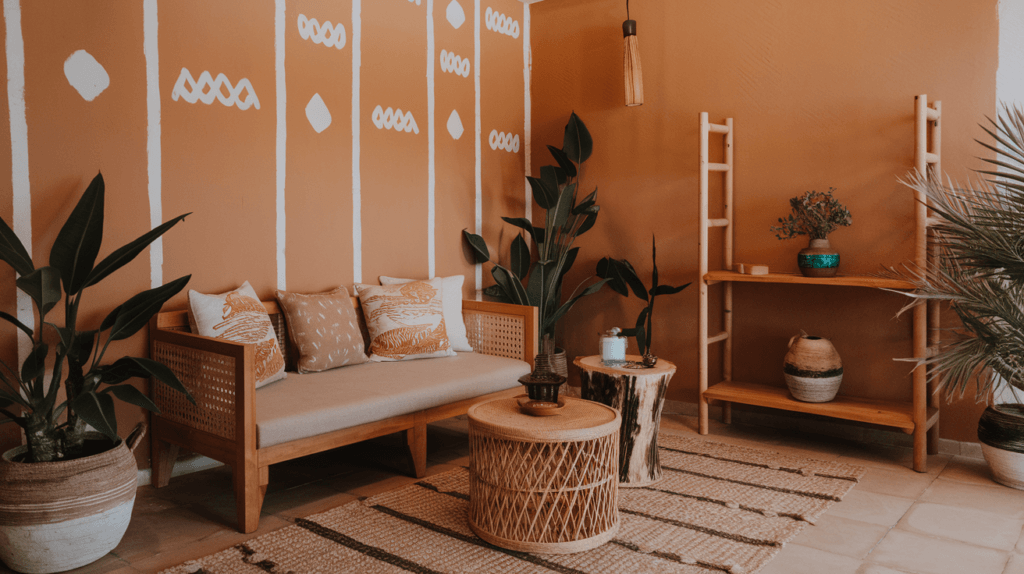 A photo of a room with Balinese decor. There's a
wooden sofa with cushions, a few potted plants, and a wooden shelf with a few items. The walls are painted orange and have white patterns. There's a woven rug on the floor. The lighting is warm.
