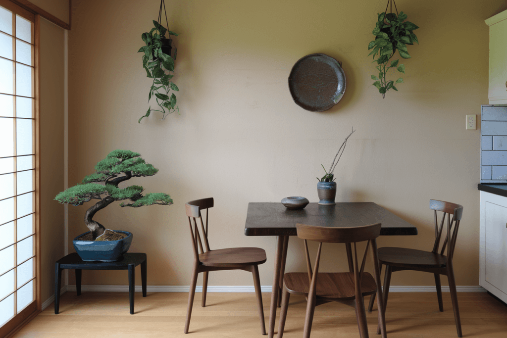 A photo of a small Japanese home decor in a simple
American home kitchen and dining area. There is a Japanese-style wooden dining table with four chairs