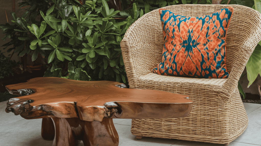 A photo of a teak root coffee table paired with a
woven rattan chair and a batik pillow. The teak root coffee table has a dark brown color and a unique, organic shape. The woven rattan chair has a light brown color and a comfortable, curved back. The batik pillow has a vibrant orange and blue pattern and is placed on the chair. The background is a lush green plant.