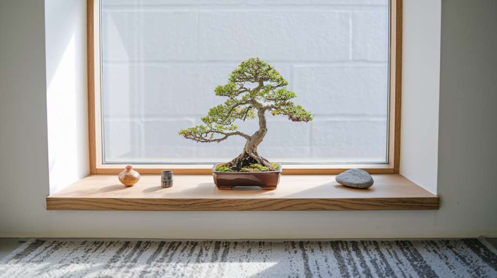 A small bonsai tree placed on a clean wooden shelf or near a sunlit window.
