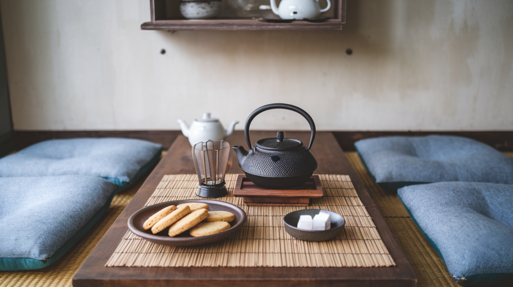 A tea corner with a low wooden table, two floor cushions, and a cast iron teapot with a matcha tea set.