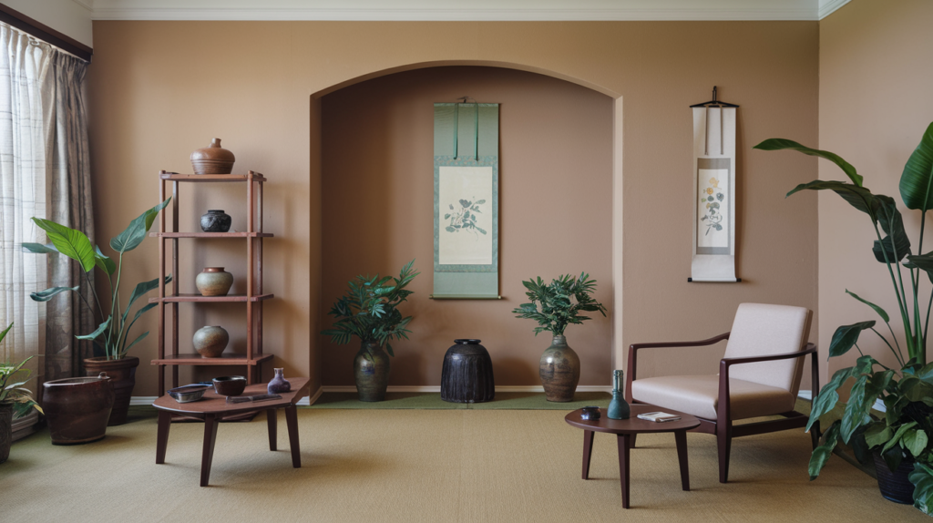 A room painted in soft earthy tones with beige walls, green plants, and brown furniture.