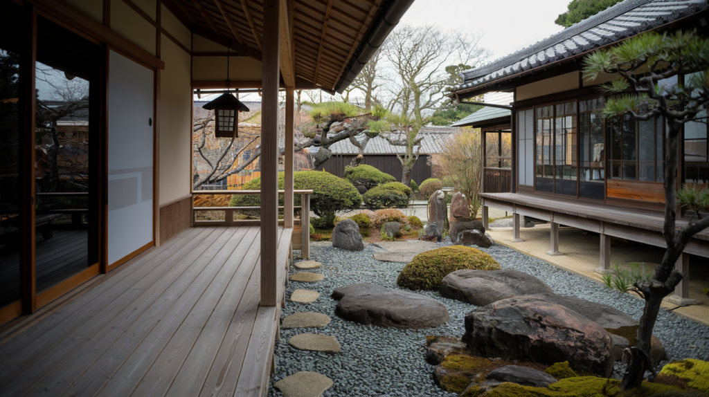 A wooden engawa deck outside a traditional home, overlooking a serene garden.