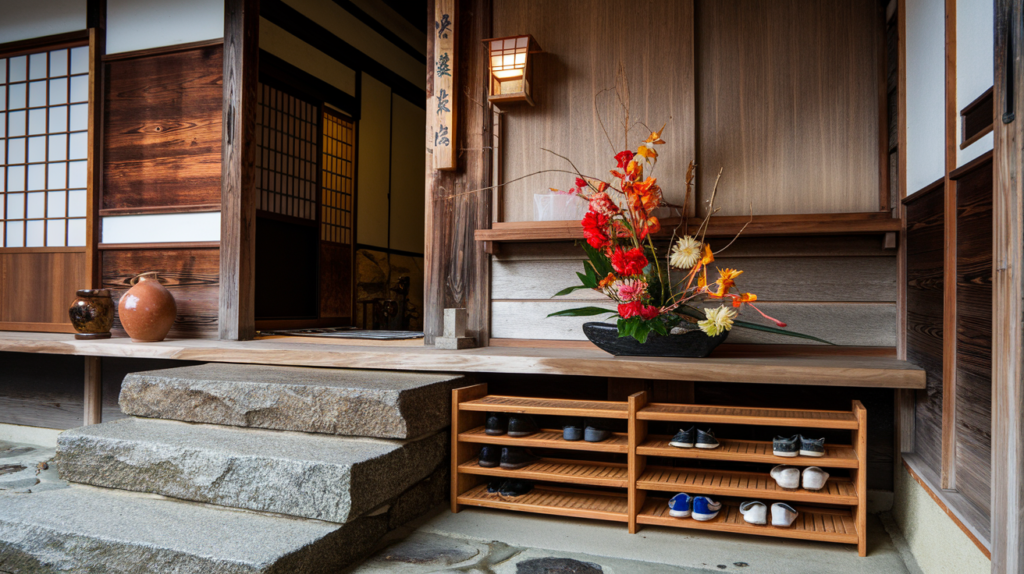 A Japanese-style entryway with a stone step, shoe rack, and ikebana flower arrangement.