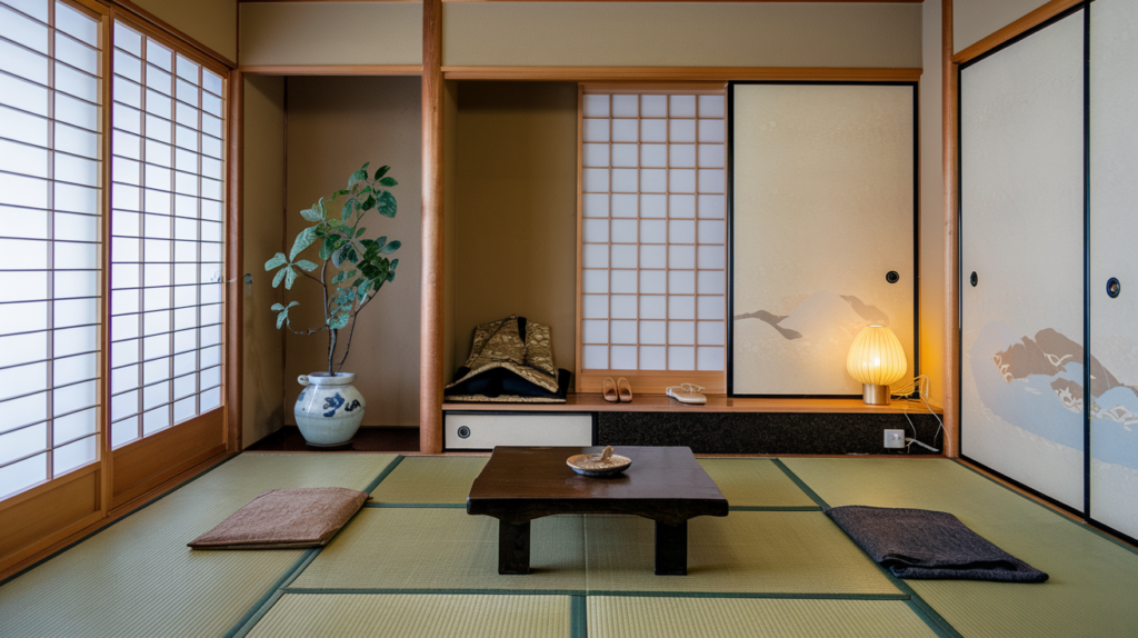 Minimalist Japanese living room with tatami mats, sliding shoji screens, and a low wooden table.