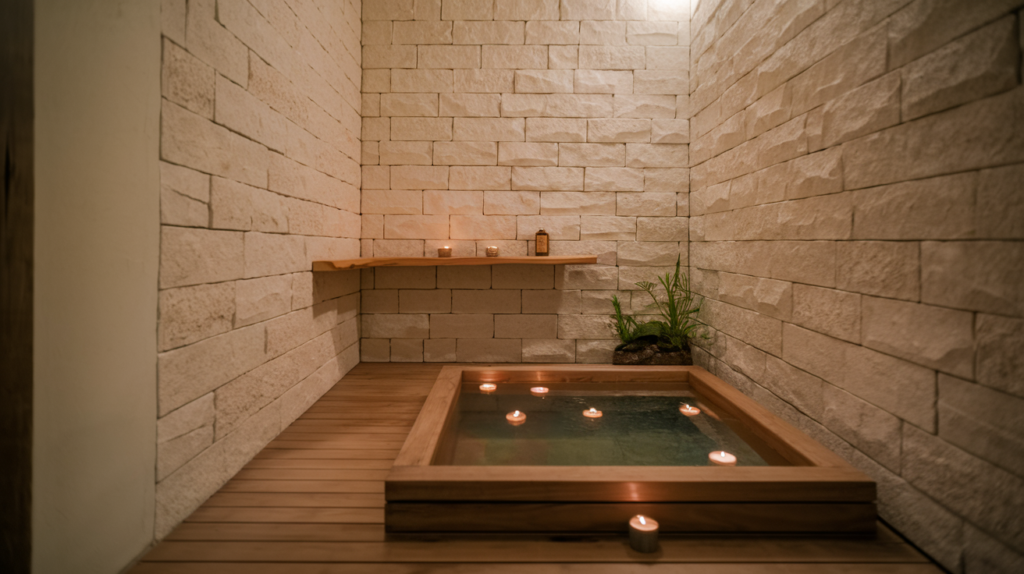 A spa-like bathroom with a small wooden soaking tub, natural stone walls, and minimalistic decor.