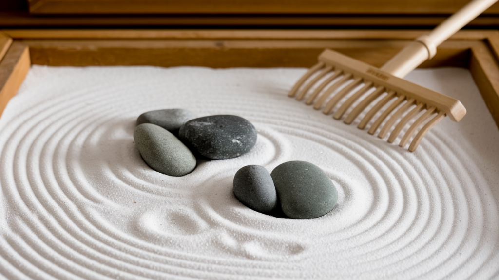 A mini Zen garden with white sand, a wooden rake, and smooth river stones arranged thoughtfully.