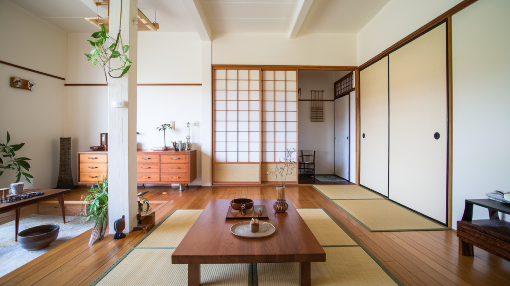 A wide shot of a calm, fully styled Japanese-inspired living space that ties together all Japanese Home Decor Ideas.