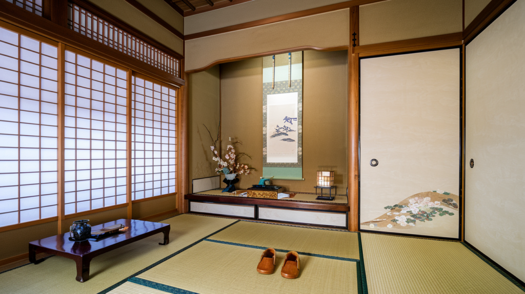 A serene tatami room featuring shoji screens and a tokonoma alcove displaying seasonal decor.