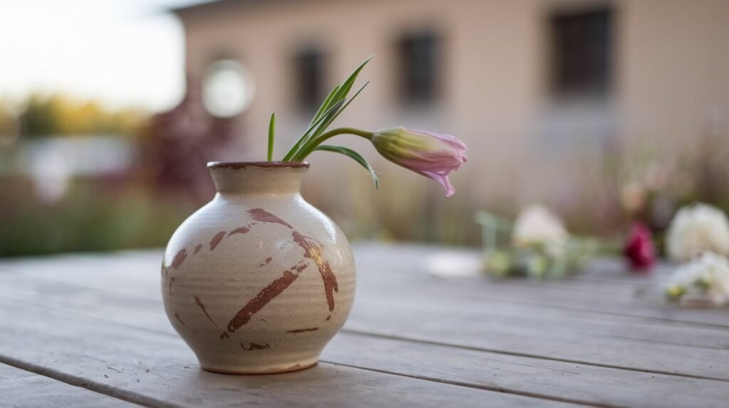 A close-up of a simple ceramic vase with a single flower on a wooden table, symbolizing Wabi-Sabi.