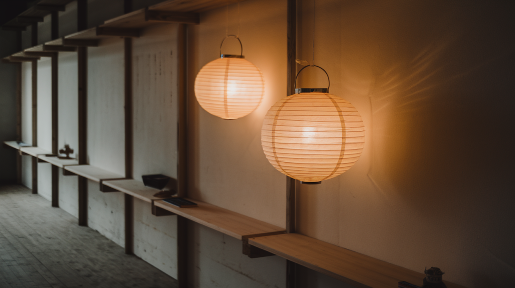 Warm, glowy paper lanterns hanging in a dim, minimalist room.